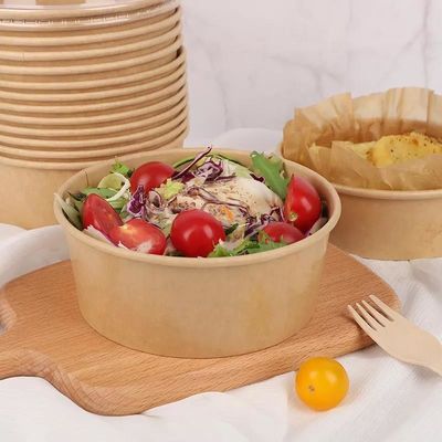 Sup Panas Kustom Sekali Pakai Kraft Paper Salad Bowl 46oz Dengan Tutup
